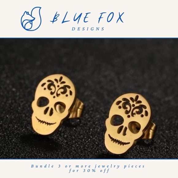 *NEW* 18K Gold Plated Stainless Steel Sugar Skull Earrings (GOLD) - Picture 1 of 4